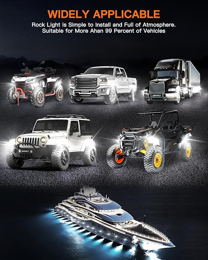 Rock Lights,LEDMIRCY R2 Pure White LED Rock Lights Kit 16PCS with Toggle Switch Wiring Harness Ultra Bright for UTV Trucks ATV Underglow Light Trail Rig Under Body High Power Waterproof
