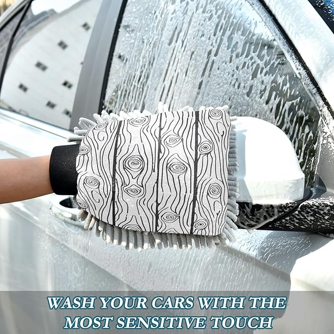 Qilmy Hand Drawn Wood Microfiber Chenille Car Wash Sponge Scratch Free Car Wash Mitt Absorbent Mitt Sponge for Trucks SUVs Car Washing Home Cleaning, Large