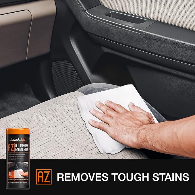 Suds Lab AZ All-Purpose Vehicle Wipes, Car Cleaning and Leather Wipes, Interior Cleaner for Cars, Truck, and Motorcycle, Non-Greasy Finish, 40 count