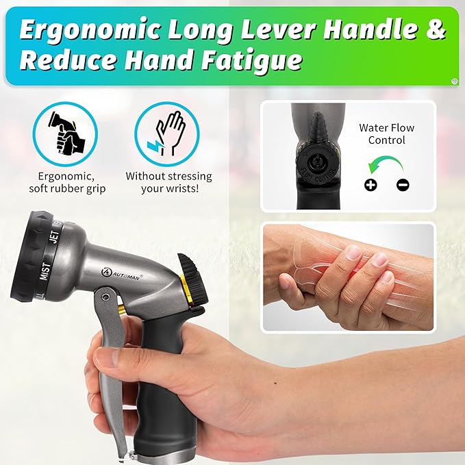AUTOMAN Garden Hose Nozzle - 2 Pack, 100% Metal High Pressure Spray Nozzle, Labor-Saving Design, Heavy Duty for Garden Watering, Car Washing, Window Cleaning, Pets Bathing