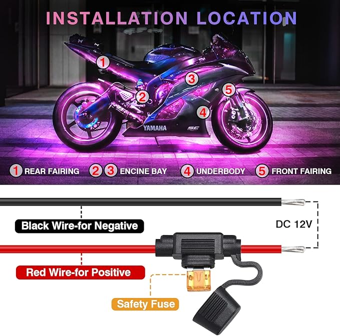 12PCS Motorcycle RGB LED Light Kit with Brake Turn Signal, Underglow Lights with APP/RF Remote,Neon Accent Light MultiColor Dual Zone Waterproof 12V for Sport Bike, Cruiser, Street&Off-Road Motorcycle