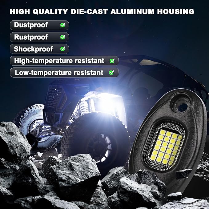 Pure White Rock Lights-24Chip High Power 6000k Pure White, 15FT Cable Each Light, Aluminum Case, Waterproof IP68 Underglow Lights for Trucks Jeep UTV ATV(8 PCS)