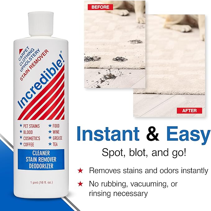 Incredible! Stain Remover - Stain Remover for Clothes, Laundry, Carpets, Mattress & Upholstery, Removes Most Household Stains - Pet Stains, Urine, Odors, Red Wine, Cosmetics & Coffee! 16.oz