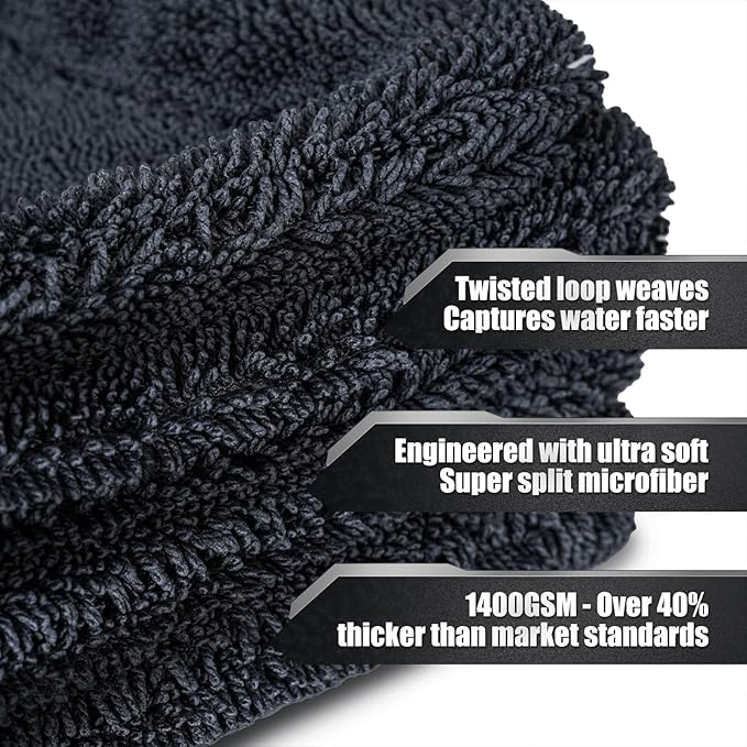 24"x36" Car Drying Towel, 1400GSM Microfiber Towel for Cars, Twisted-Loop Drying Towel Car Detailing, Double Sided Super Absorbent, No Water Spots, Label-Free Design Car Towel