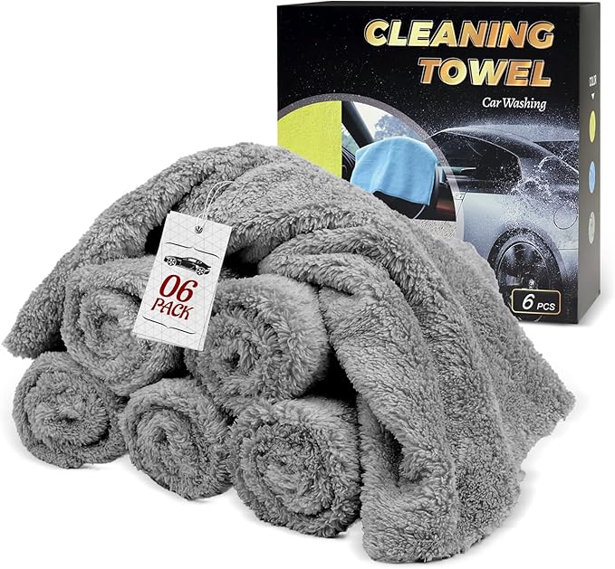 Microfiber Car Wash Cleaning Towels, 450gsm Ultra-Thick Highly Absorbent Lint-Free Detailing Cloths, Scratch Free Reusable Rags for Car Interior & Exterior - Coral Fleece, Grey, 12 Packs