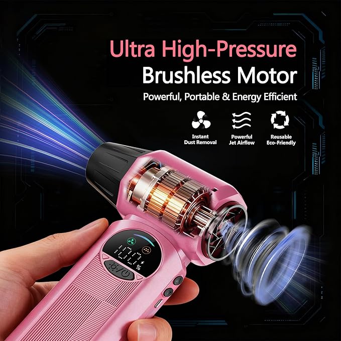 Cordless Air Duster & Handheld Vacuum 2-in-1, 8000mAh Rechargeable with Type-C Charging for Car, Keyboards, Electronics & Home – Pink