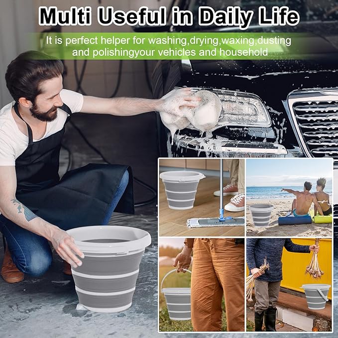 Collapsible Wash Bucket with Microfiber Mitt, 10L (2.6 Gallon) Portable Collapsiblle Buckett with Handle for Car Wash Household Cleaning, Multiuse Collapsibles Water Bucket and Car wash mitt - Grey