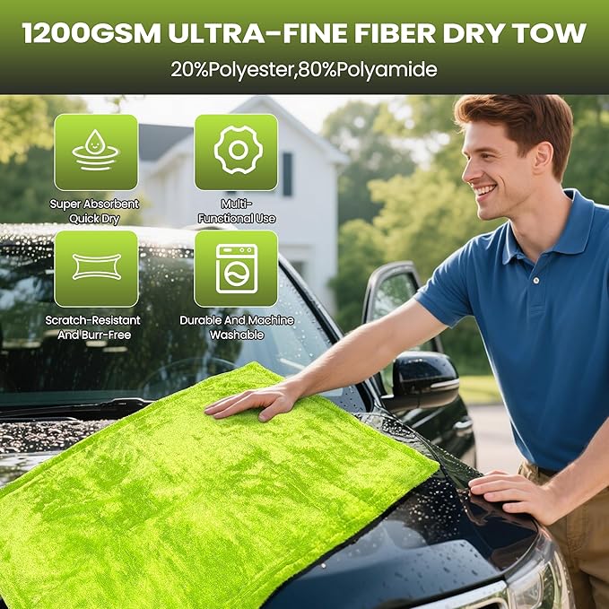 2 Pack Car Drying Towels – 1200GSM Ultra Absorbent Microfiber, 35"x24" & 16"x16", Lint-Free & Streak with Car Wash Mitt & Dual-Head Duster Brush for Auto Detailing, Car, SUV, Truck (Gray-Green)