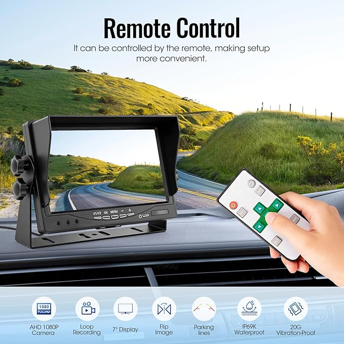4-Wired Backup Camera System, 7" DVR Quad Screen Rear Side View Cameras, IP69 Waterproof IR Night Vision, 20G Vibration-Proof for Trailer/RV/Tractor/Combine/Skid Steer/Van/Heavy Equipment, Y2