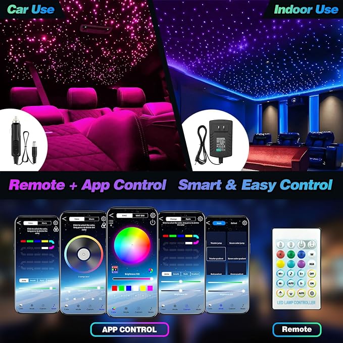 VASTFIRE Starlight Headliner Kit - 500pcs 0.03in 9.8ft Fiber Optic Star Lights for Car with 16W RGBW, Twinkle & Music Sync, APP/Remote Control for Car Roof/Bedroom Ceiling