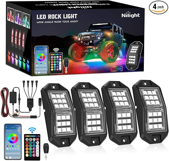 Nilight RGB LED Rock Lights Kit 4 PCS 18LED Wide Angle Wheel Well Light with Remote & Bluetooth App Dual Control Multi Modes Underglow Multicolor Neon Pod for ATV UTV SUV Offroad Truck RZR Boat
