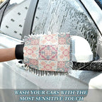 Qilmy Floral Geometric Pattern Microfiber Chenille Car Wash Sponge Scratch Free Car Wash Mitt Absorbent Mitt Sponge for Trucks SUVs Car Washing Home Cleaning, Medium