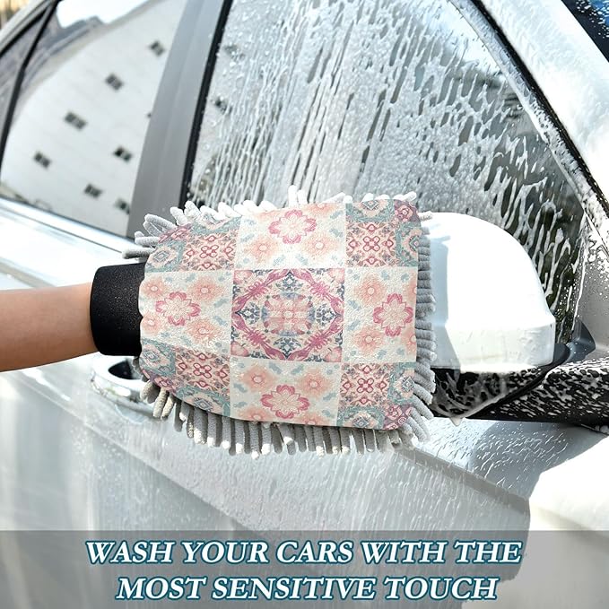 Qilmy Floral Geometric Pattern Microfiber Chenille Car Wash Sponge Scratch Free Car Wash Mitt Absorbent Mitt Sponge for Trucks SUVs Car Washing Home Cleaning, Medium