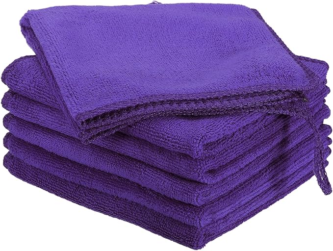 HARFINGTON 6 Pack Microfiber Cleaning Cloth, 8" x 8" Multi-Functional Cleaning Towels Reusable Absorbent Rags with Hook for Car Wash Kitchen Household Window Clean, Purple