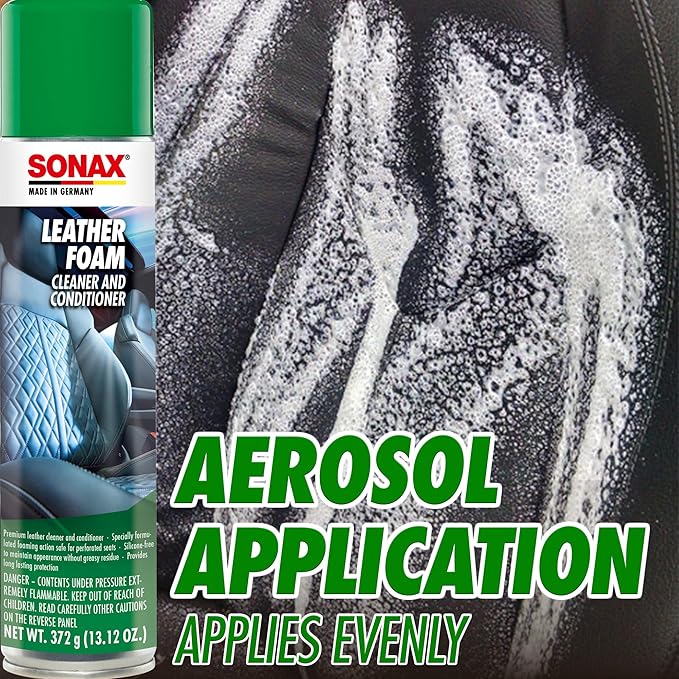 SONAX Leather Foam 289300 | 2 in 1 Aerosol Leather Cleaner and Conditioner | Safe to Use on Perforated Air Conditioned/Heated Seats | UV Protection Prevents UV Damage | 13.02 oz