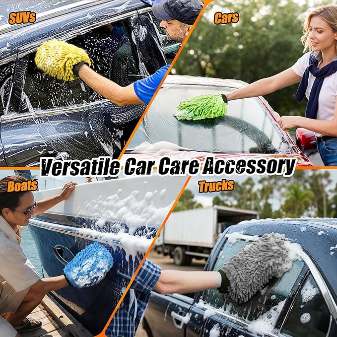 Car Wash Mitt Microfiber, Premium Chenille Microfiber Wash Car Mitts Sponge Scratch Free & Lint-Free, Mitts Waterproof Lining 4 Pack Yellow (8''X12'')