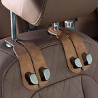 CoBak Purse Hook for Car - Universal Premium Stitched Leather and Aluminum-Magnesium Alloy Double Car Seat Back Storage Hook for Purses, Handbags, Bags (2 Pack),Brown