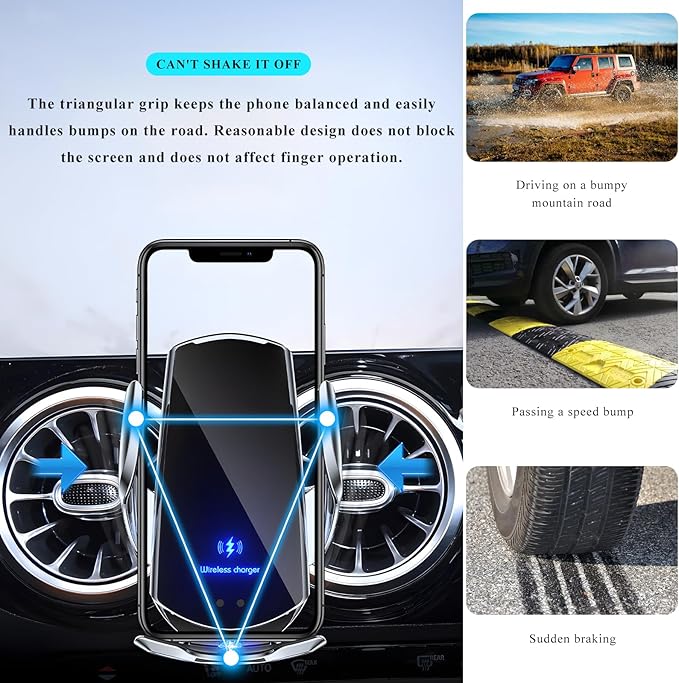Sun Walker Wireless Car Charger Mount, Electric Induction 15W Fast Charging Bracket Air Vent Phone Holder, Auto-Clamping Wireless Charger Vent Mount Compatible with Most Smartphones (Black)