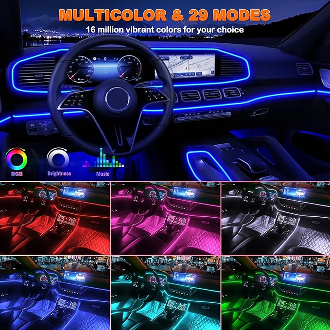 Jushope Car LED Strip Lights, USB Interior Ambient Lighting Kits with Wireless APP and RF Remote Control, 16 Million Colors Music Mode Car Decoration Lights with 315 inches 3.0mm Fiber Optic (6 in 1)