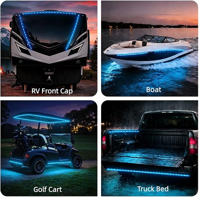 12V Marine Boat LED Light Strip Super Bright, 2 Pack 2FT IP68 Fully Waterproof RV Front Cap Lights, Golf Cart Underglow Roof Lights Strip for Truck ATV UTV SUV Car Pickup Trailer, Cuttable, Blue