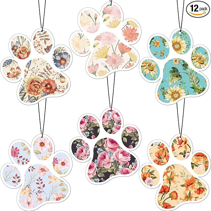 Tallew 12 Pack Car Air Freshener Dog Paw Shape Hanging Pet Lovers Funny Cute Spring Car Scents Air Freshener Rearview Mirror Pendant Cute Pet Odor Eliminating, Mixed Scents