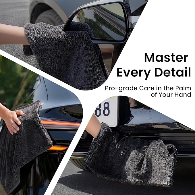 REEVAA Superior Microfiber Car Drying Towel [3s Drying, Pro-Grade Care] Car Cleaning Cloth Accessories for Sedan, SUV, Truck, 1300GSM, 2-Pack (36"×24"+16"×16"), Gray