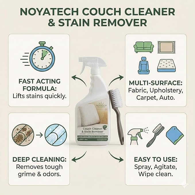 NOYATECH Travel size Couch Cleaner and Stain Remover. For sofas, car upholstery, carpets, rugs, mattresses, dining chairs, all Fabrics. Safe, for kids and pets.