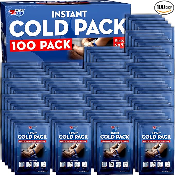 Sport Temp Instant Ice Cold Packs (7”x 5”) Disposable Ice Packs for Pain Relief, Swelling, Injuries, Toothaches, and Sprains – Cold Therapy for Athletes, First Aid, Travel & Outdoor Use (100 Pack)