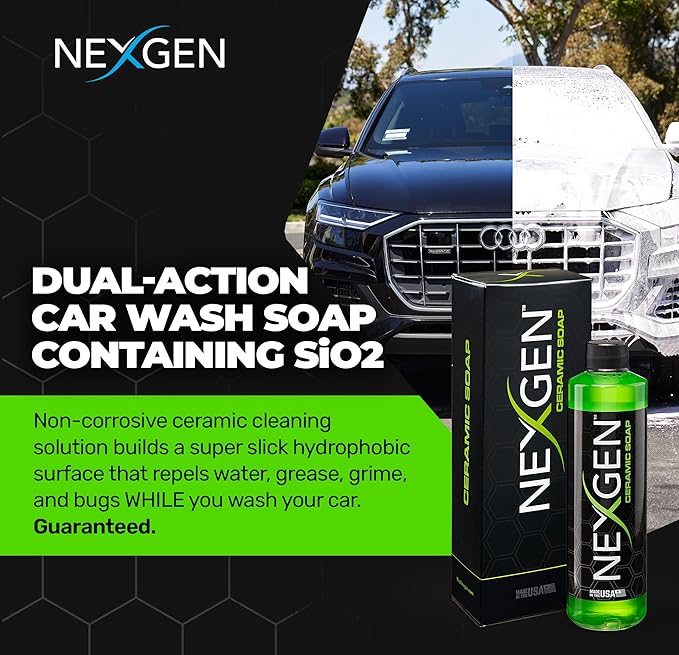 Nexgen Premium Ceramic Soap (8oz) - Dual-Action Formula Car Wash Soap with SiO2 for Cleaning & Protection - Hydrophobic Water-Beading`- Car Cleaning Supplies - Safe for Paint, Glass, Chrome & More