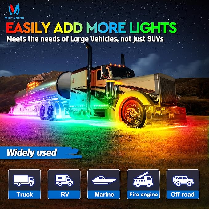 MICTUNING C2 Max RGB+IC Chasing Color LED Rock Lights - 12 Pods Underglow Lighting Kit, Dynamic Lighting Modes, Extensible Up to 24 Pods with Stable APP Control, IP68 Waterproof, DIY Effect