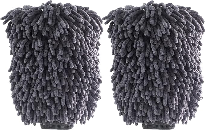 Chenille Microfiber Car Wash Mitt, Scratch-Free, Lint-Free, Highly Absorbent Cleaning Glove for Cars, Trucks & Motorcycles, 2 Pack – Large, Gray