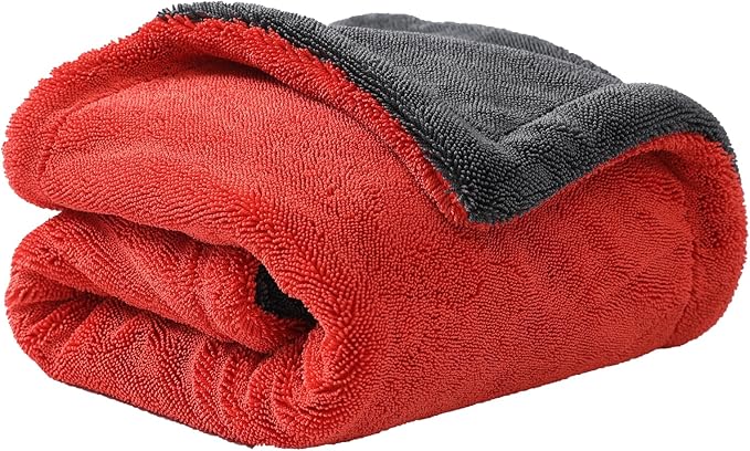 Extra Large Microfiber Twisted Car Drying Towel, Red and Grey, Ultra Absorbent, 24 * 36 Inches, One-Swipe Drying, for Car Exterior