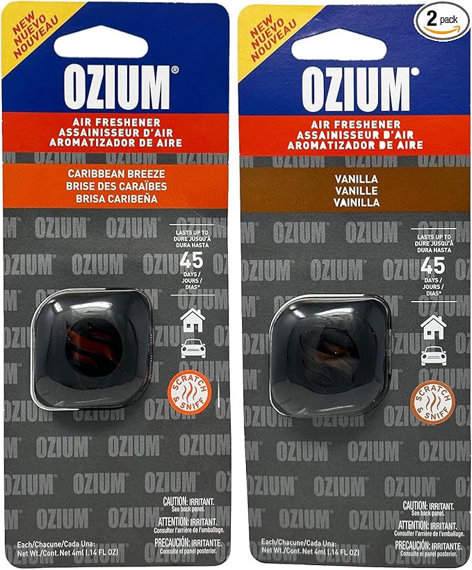 Ozium Membrane Car Vent Clip AC Air Fresheners Car Air Freshener and Car Odor Eliminator (Caribbean Breeze + Vanilla, 2 Packs Combo Kit)