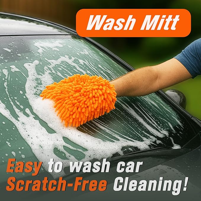 Raeyuan 3-Pack Car Wash Mitt, Premium Chenille Microfiber Wash Glove for Auto Detailing, Scratch Free & Lint Free Cleaning Kit with Elastic Cuff, Color Coded System (Blue, Orange, Green)
