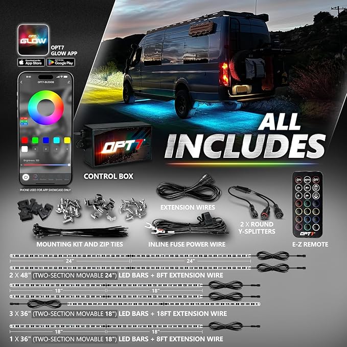 OPT7 Aura Pro RV Exterior Underglow Lights with APP & Remote Control, RGB Multicolor Music Sync, 12V Waterproof Rigid Aluminum LED Light Bar, Outdoor Neon Accent Underbody Kit for Camper Motorhome
