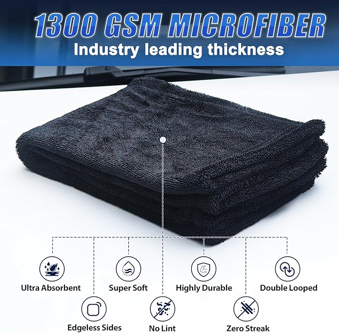 Premium Car Drying Towel, 36x28 inch XL Microfiber Towel, 1300 GSM Microfiber Cleaning Cloth, Super Absorbent, Leaves No Streaks, Scratches, or Water Spots, Dries an Entire Vehicle, Black