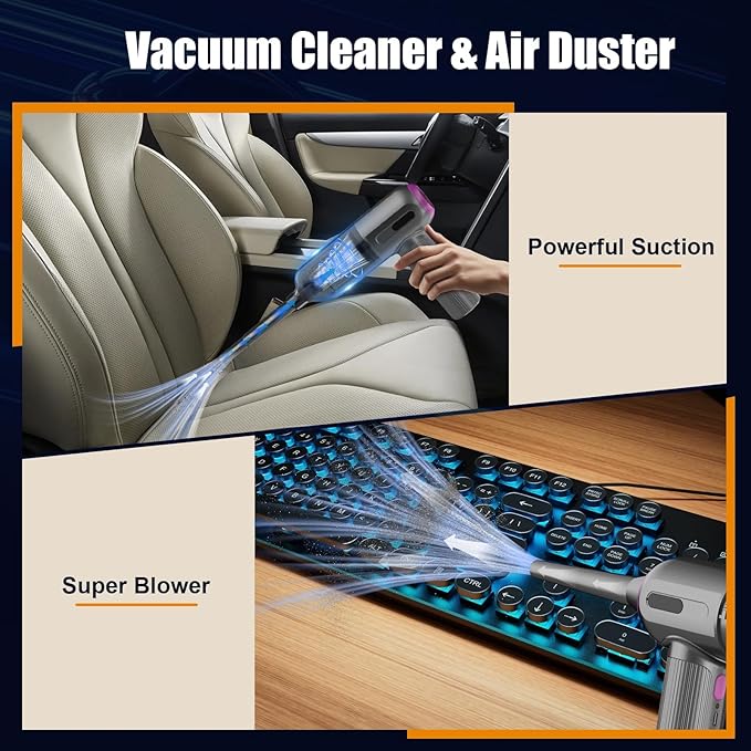 7000Pa Mini Car Vacuum: 4-in-1 handheld vacuum cordless & Compressed Air Duster & Inflator Pump, 3-Speed Portable High Power Cleaning Kit for Car Detailing, Computer Keyboard, Sewing Machine, Office