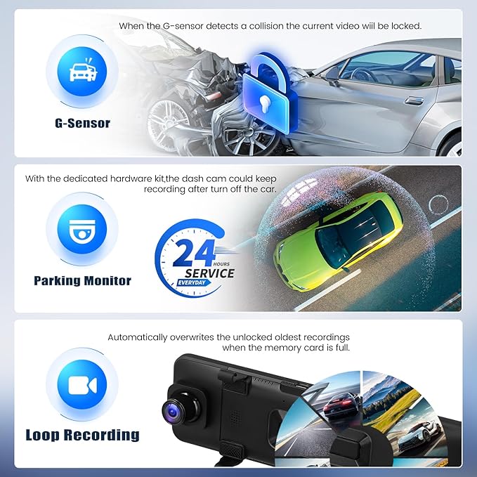 4K Mirror Dash Cam 10.88 Inch Rear View Mirror Front and Rear View Dual Cameras,GPS Tracking,Loop Recording,G-Sensor,Parking Assistance,APP Control,Parking Monitor,Waterproof Backup Camera
