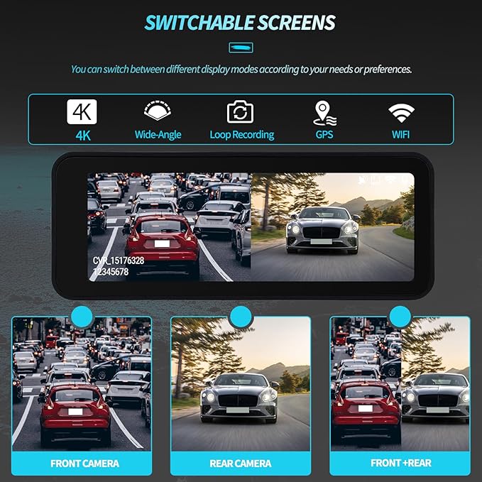 SIXTOP 4K Dash Cam Front and Rear, Built-in GPS & WiFi Dual Dash Camera for Cars 64G Card Included, 4K+1080P 3.16'' IPS Screen, Night Vision, G-Sensor, Loop Recording & 24H Parking Mode Wide Angle