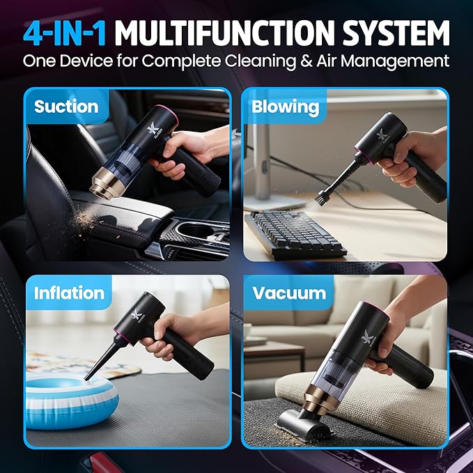 Portable Mini Vacuum Cleaner, Dual Power Suction 7.5K & 12K Pa with Blower, Inflator & Suction Power Best Cleaning Tool for Home, Office, Kitchen & Car