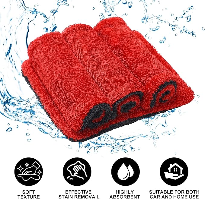 Hahafelt 6 Pcs Dual Side Microfiber Car Wash Pad 9'' x 8'' Double-Twist Pile Absorbency Drying Towels for Car Motorcycle SUV Truck