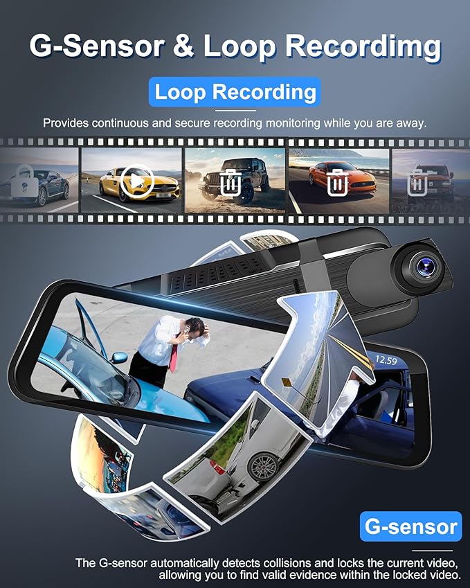 2025 9.66" 1080P Rear View Mirror Camera Front and Rear Dash Cam for Cars & Trucks - G-Sensor, Reverse Assist, GPS Tracking, WDR & HDR Night Vision, 64GB Card