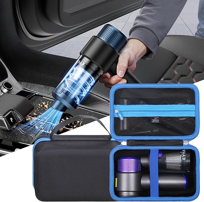 Aproca Case Compatible with EYYA Handheld Cordless Car Vacuum Cleaner, Portable Storage Hard Bag for Accessories - Black with Blue Zipper (Case Only)