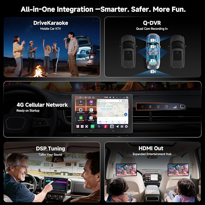 V10 10” QLED Android Double DIN Car Stereo with Car Karaoke, Pro DSP 4V Pre-Out, HDMI Out, aptX HD Bluetoth, 4G LTE, Wireless CarPlay & Android Auto, with 1080P Front Dash Cam & Backup Cam