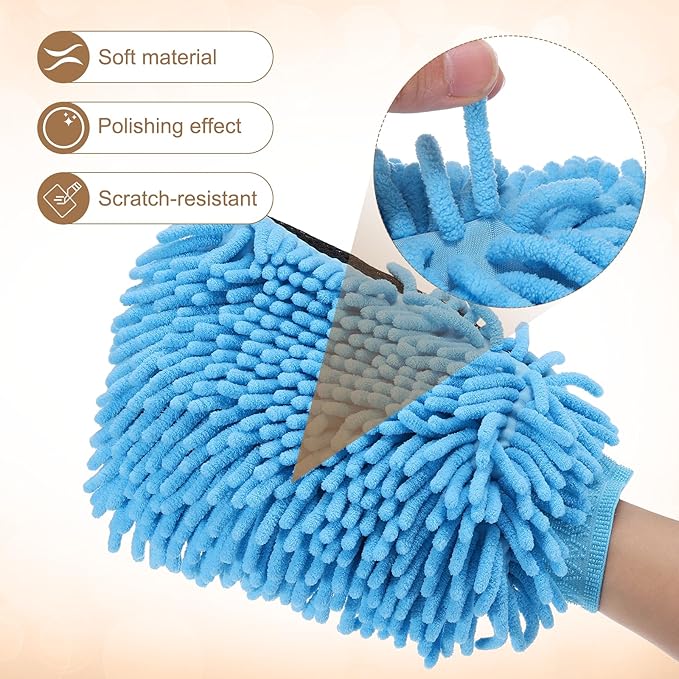 HARFINGTON 2pcs Chenille Microfiber Car Wash Mitts 9.8" x 7.9" Scratch Free Wash Gloves Absorbent Double Sided Plush Cleaning Drying Mitts for Car Washing Home Clean, Light Blue