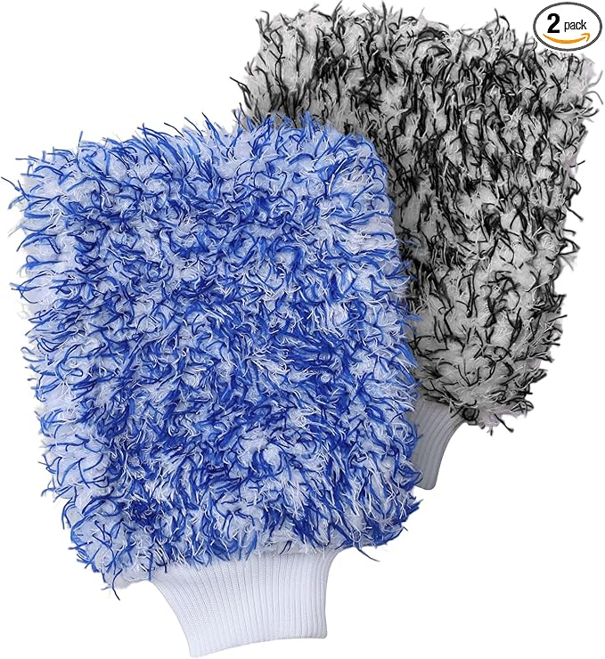 2Pack Premium Microfiber Car Wash Mitt, 10 x 8 Inches, Car Sponge Wrapped in Soft, Machine Washable (Blue & Black)