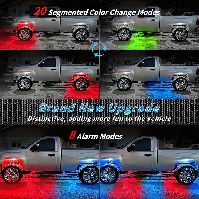 20Pods Multicolor RGB LED Rock Lights for Semi Trucks Pickup RV Jeep Golf Cart Offroad, Segmented Waterproof Underglow Light Kit Neon with APP/RF Remote Control, Music Mode 12V Fender Lights