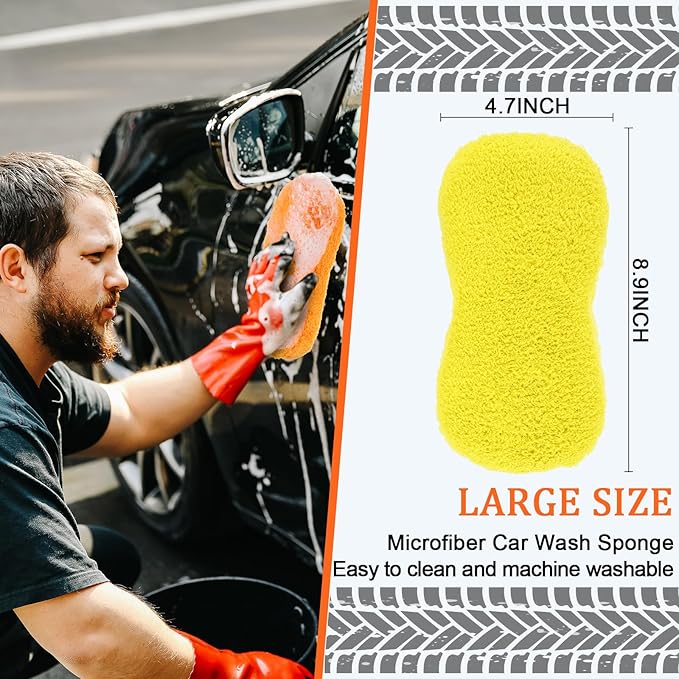Tanlade 2 Pcs Large Microfiber Car Wash Sponge for Cleaning, Non Scratch Microfiber Sponges for Car Washing Supplies, Trucks and Motorcycles (Orange,Yellow)