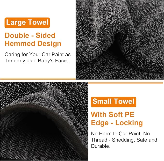 KZKR 2 Pack Car Drying Towel, Dual Sided Microfiber Cleaning Towels (24x35+16x16), 1300GSM Ultra Absorbent, Streak Free, No Scratch, Machine Washable
