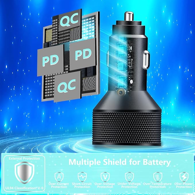 [Apple MFi Certified] iPhone 17 Car Charger Fast Charging, KYOHAYA 4-Port 90W USB-C&USB-A Power Cigarette Lighter PD/QC USB-C Car Charger + Type-C Braided Cord for iPhone 17/17 Pro/16/15/Galaxy/Pixel